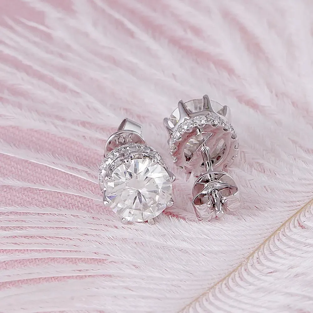 14k White / Yellow / Rose Gold Hidden Halo Stud Moissanite Earrings 2ctw