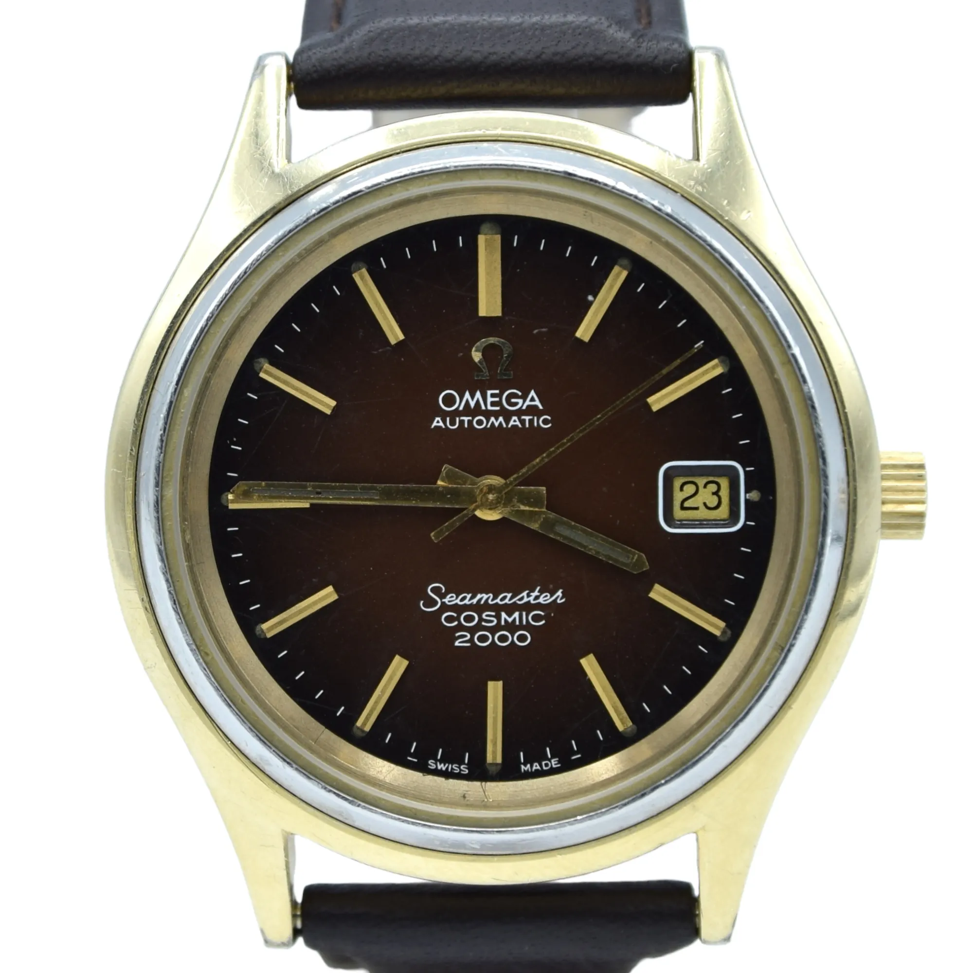1976 Omega Rare Large Seamaster Cosmic 2000 Automatic Date Model 166.128 with Gloss Brown Spider Web Dial in Gold & Steel