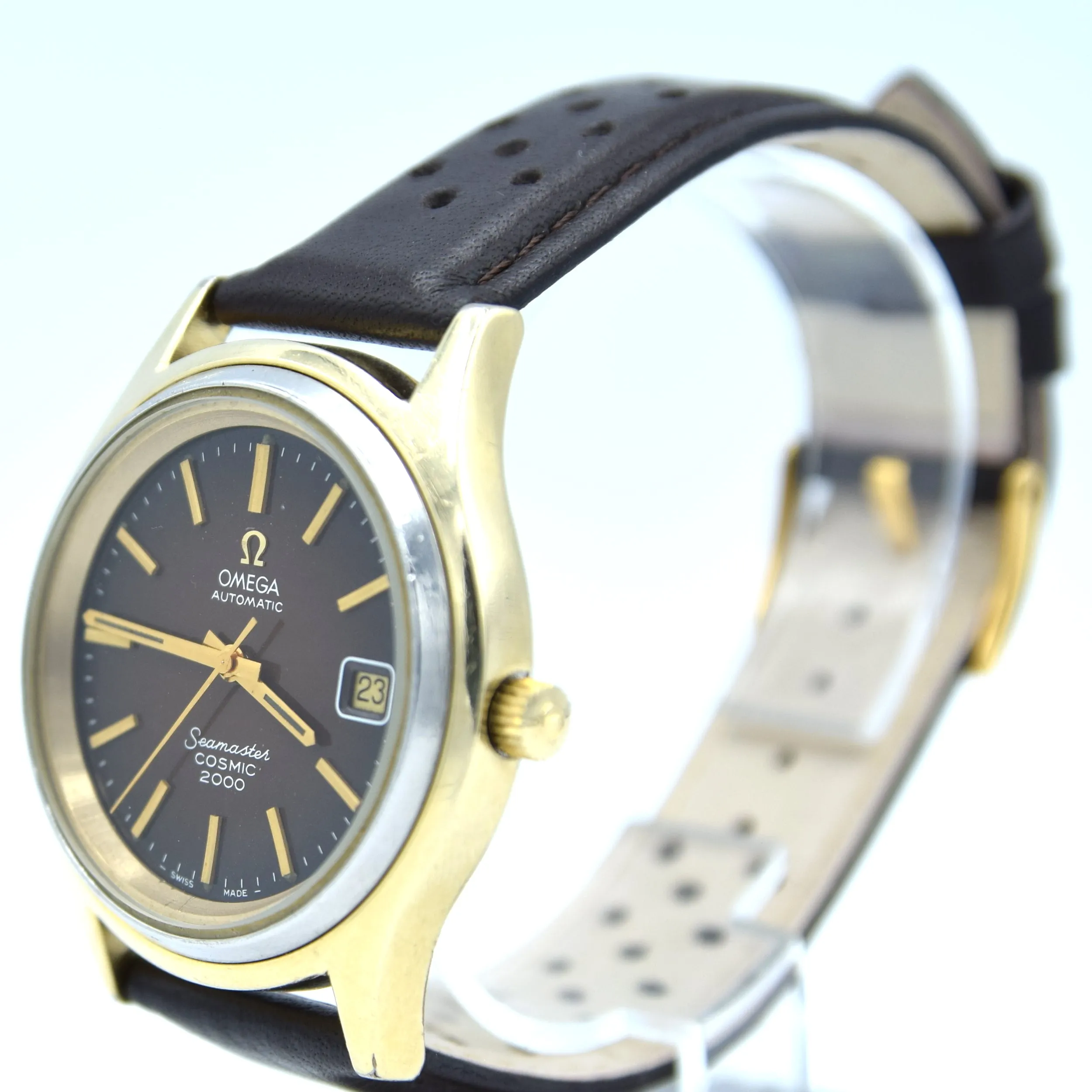 1976 Omega Rare Large Seamaster Cosmic 2000 Automatic Date Model 166.128 with Gloss Brown Spider Web Dial in Gold & Steel