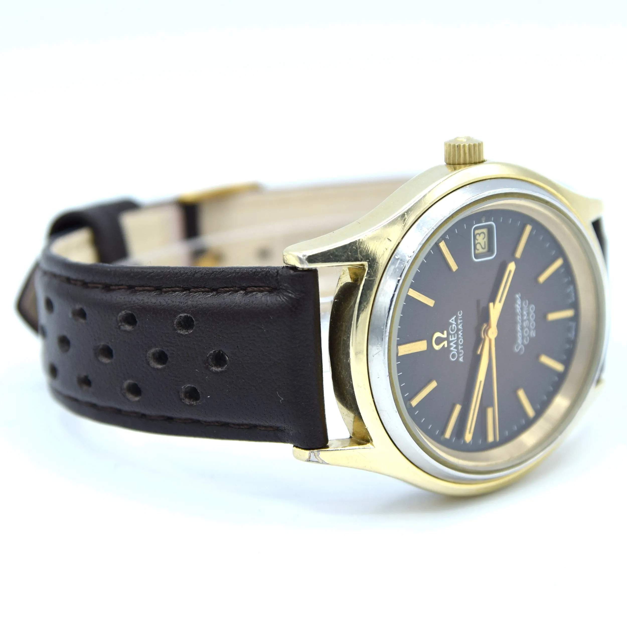 1976 Omega Rare Large Seamaster Cosmic 2000 Automatic Date Model 166.128 with Gloss Brown Spider Web Dial in Gold & Steel