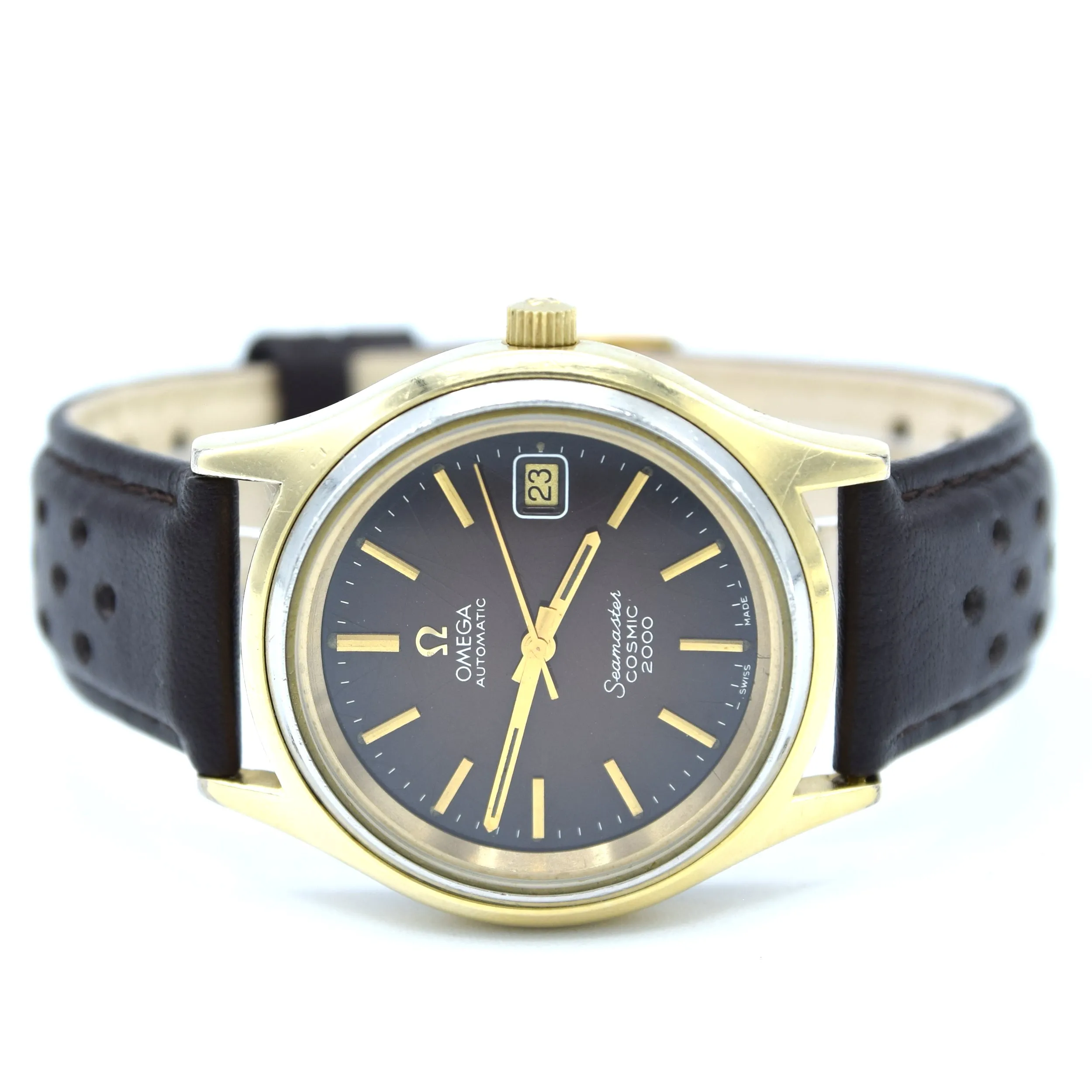 1976 Omega Rare Large Seamaster Cosmic 2000 Automatic Date Model 166.128 with Gloss Brown Spider Web Dial in Gold & Steel