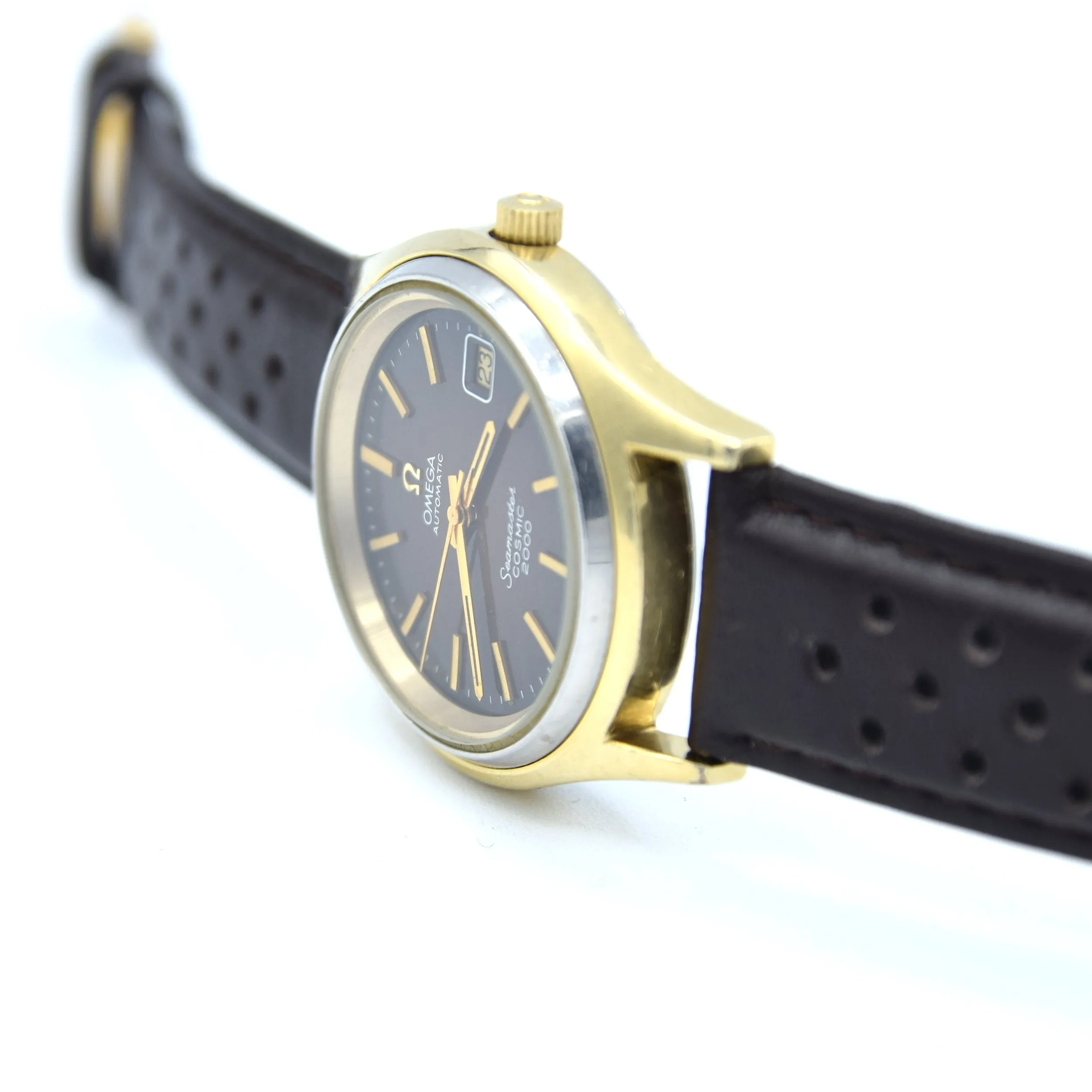 1976 Omega Rare Large Seamaster Cosmic 2000 Automatic Date Model 166.128 with Gloss Brown Spider Web Dial in Gold & Steel