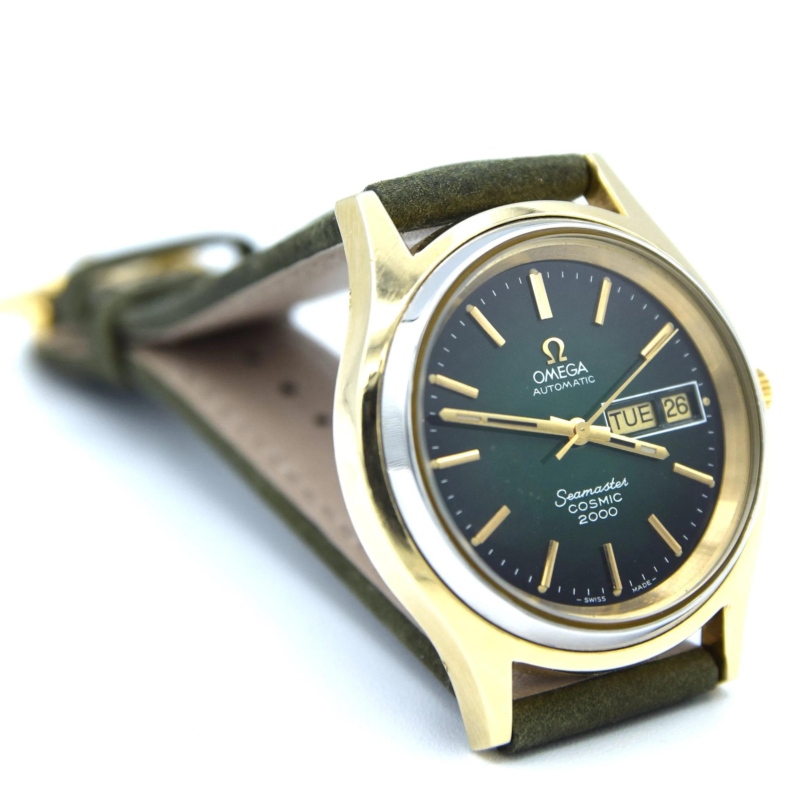 1977 Omega Rare Large Cosmic 2000 Fumé Emerald Green Automatic Day/Date Model 166.129