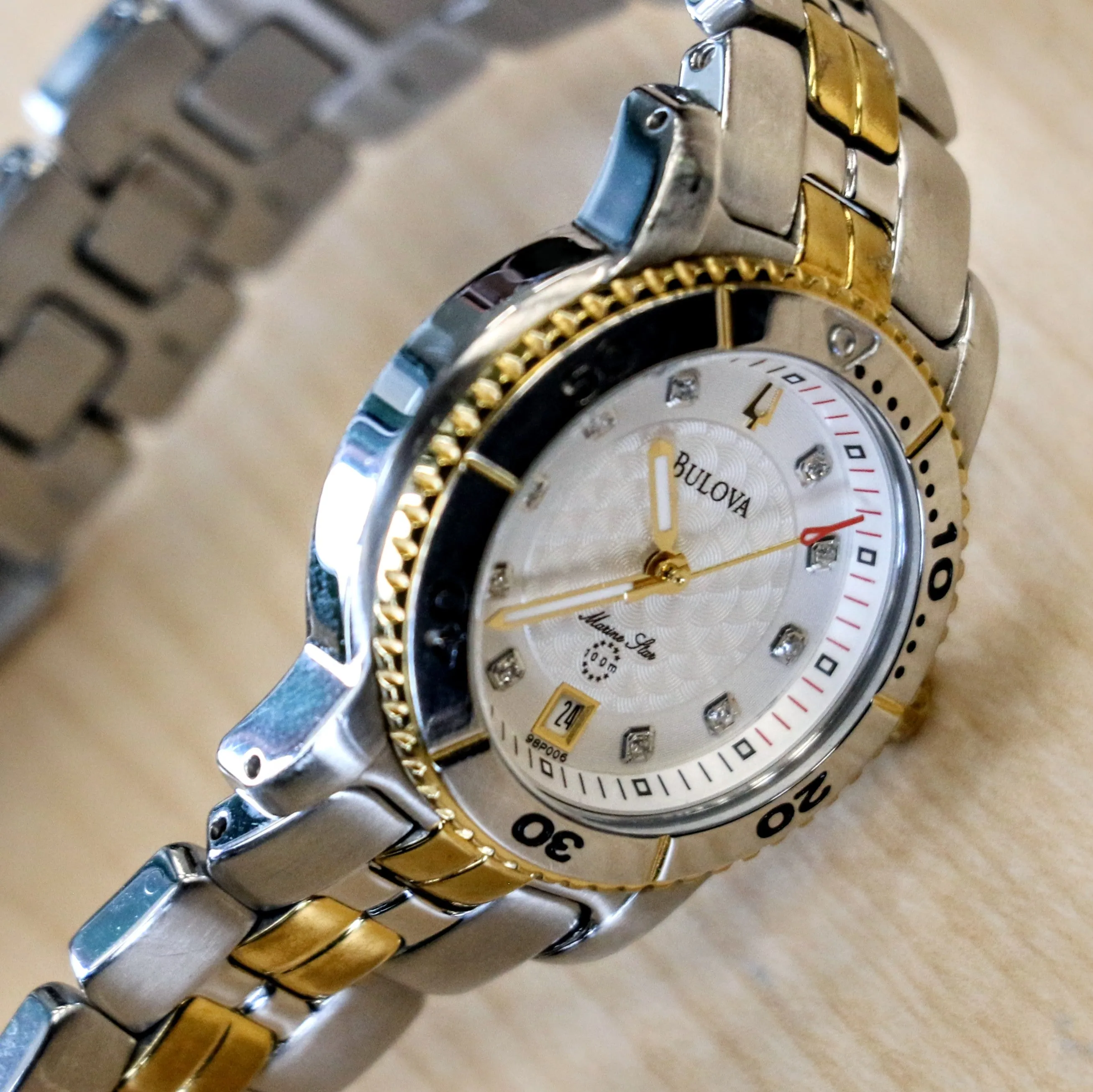 2008 BULOVA Marine Star 100m Date Indicator Diamond Dial Two-Tone Case & Bracelet- ALL S.S.