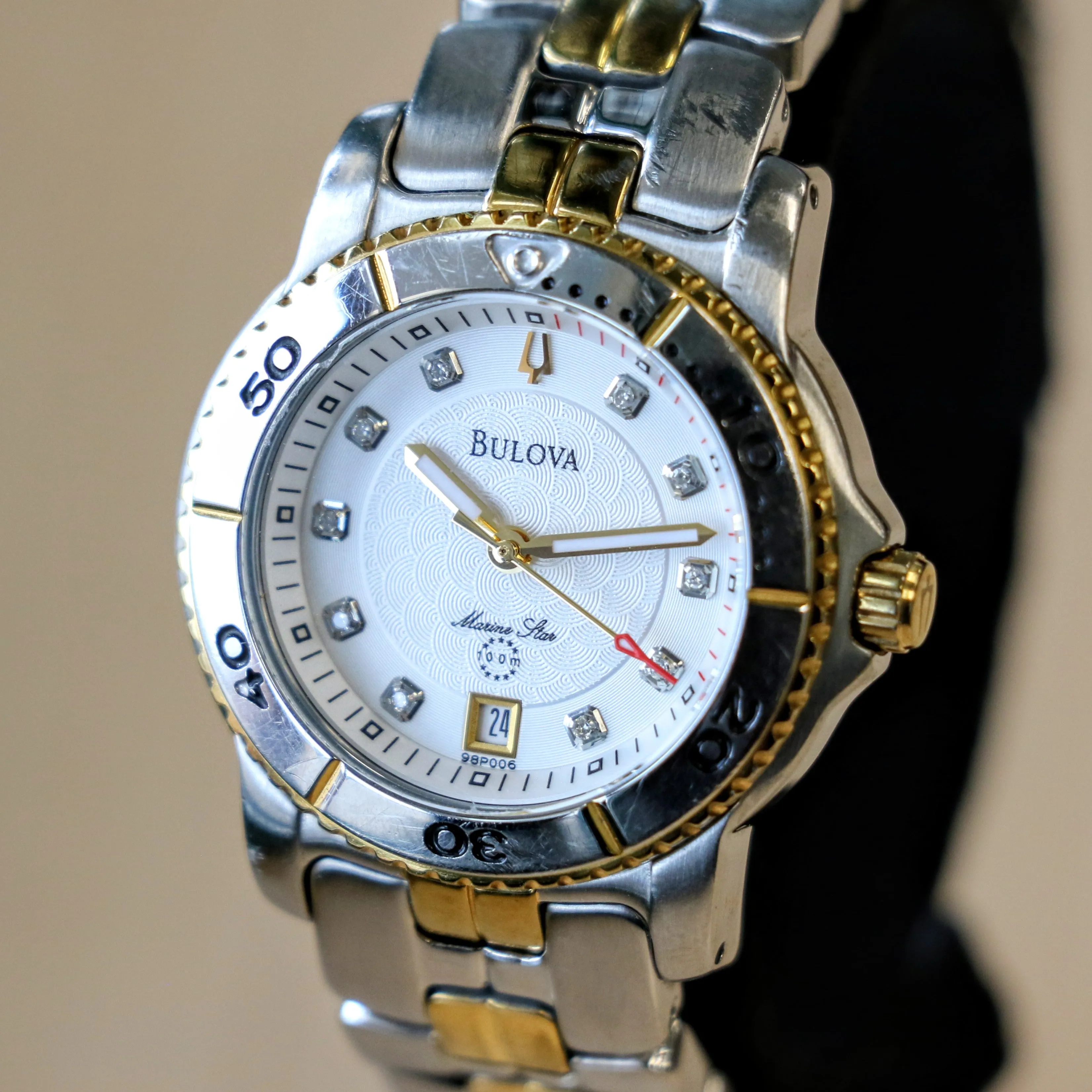 2008 BULOVA Marine Star 100m Date Indicator Diamond Dial Two-Tone Case & Bracelet- ALL S.S.