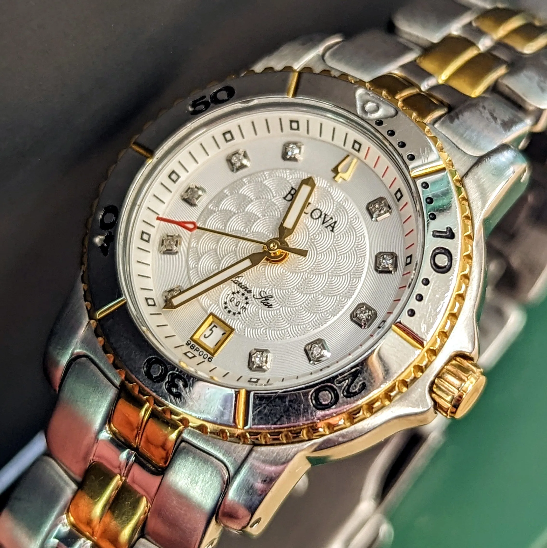 2008 BULOVA Marine Star 100m Date Indicator Diamond Dial Two-Tone Case & Bracelet- ALL S.S.