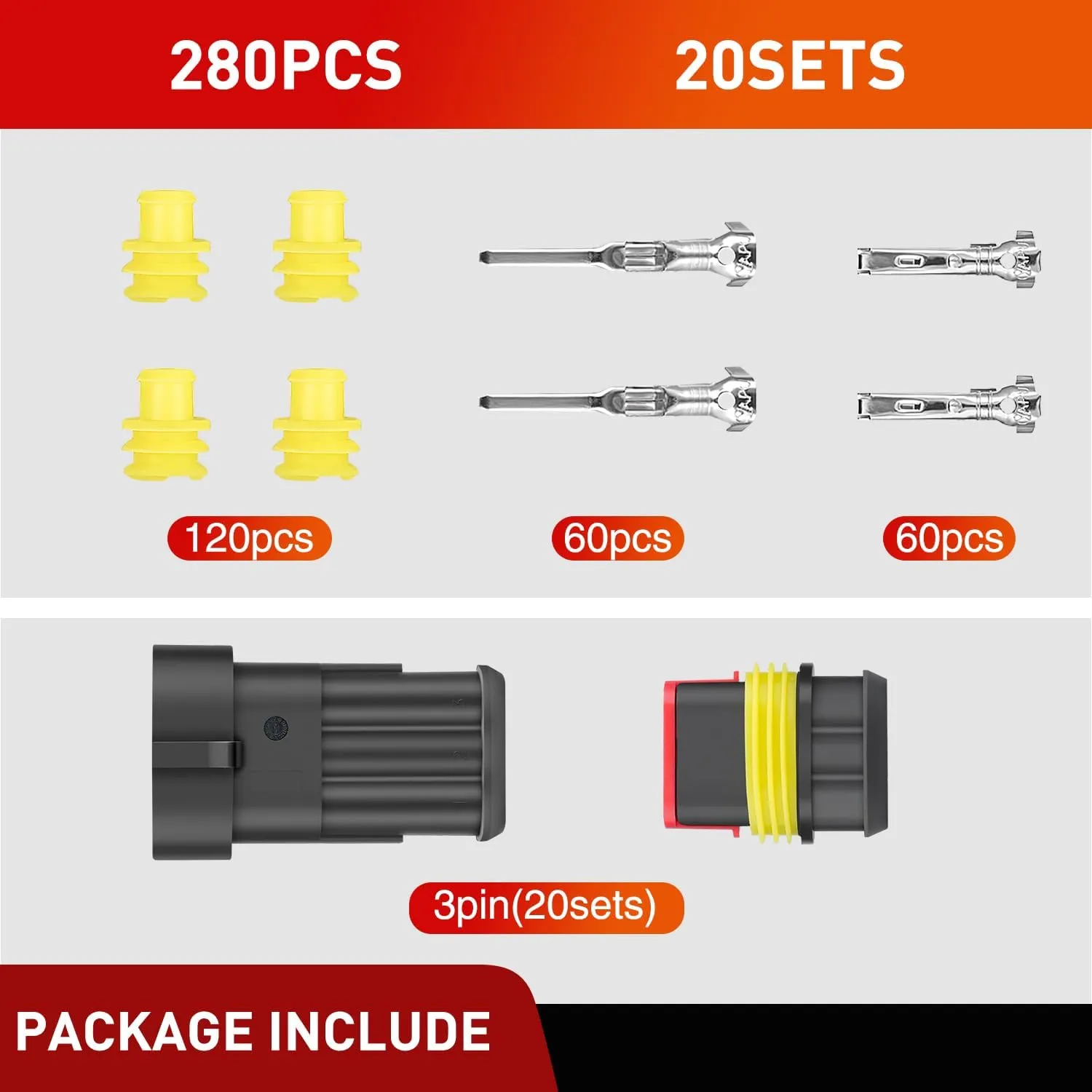 280PCS 3 Pin Electrical Connector Plug Male Female Terminal Wire Connector
