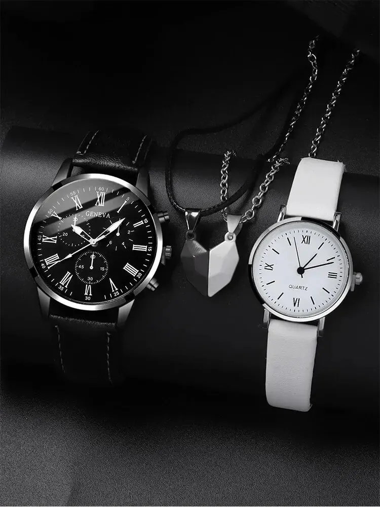 4pcs Personalized Men and Women Couple Belt Quartz Watch Paired Love Pendant Necklace