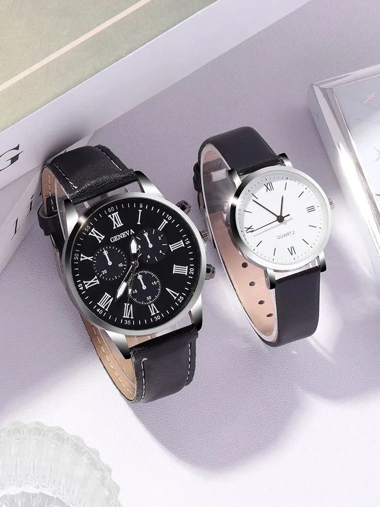 4pcs Personalized Men and Women Couple Belt Quartz Watch Paired Love Pendant Necklace