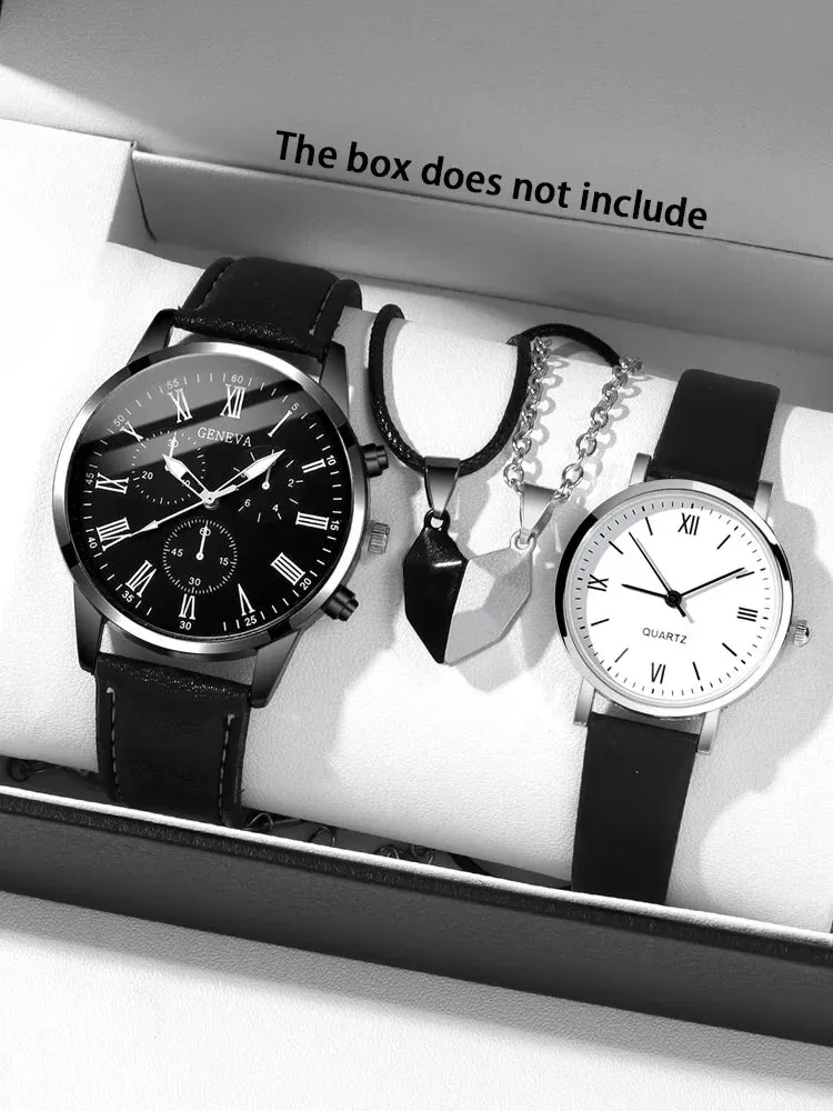 4pcs Personalized Men and Women Couple Belt Quartz Watch Paired Love Pendant Necklace