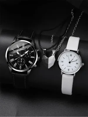 4pcs Personalized Men and Women Couple Belt Quartz Watch Paired Love Pendant Necklace