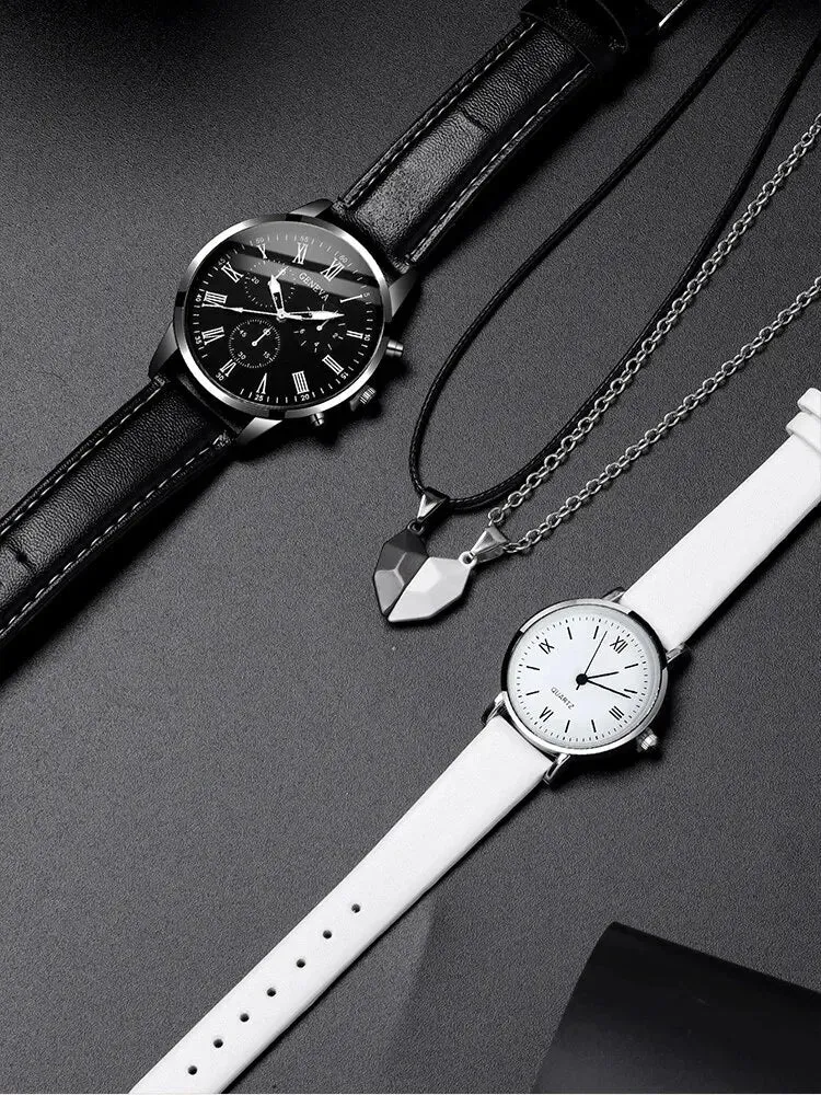 4pcs Personalized Men and Women Couple Belt Quartz Watch Paired Love Pendant Necklace