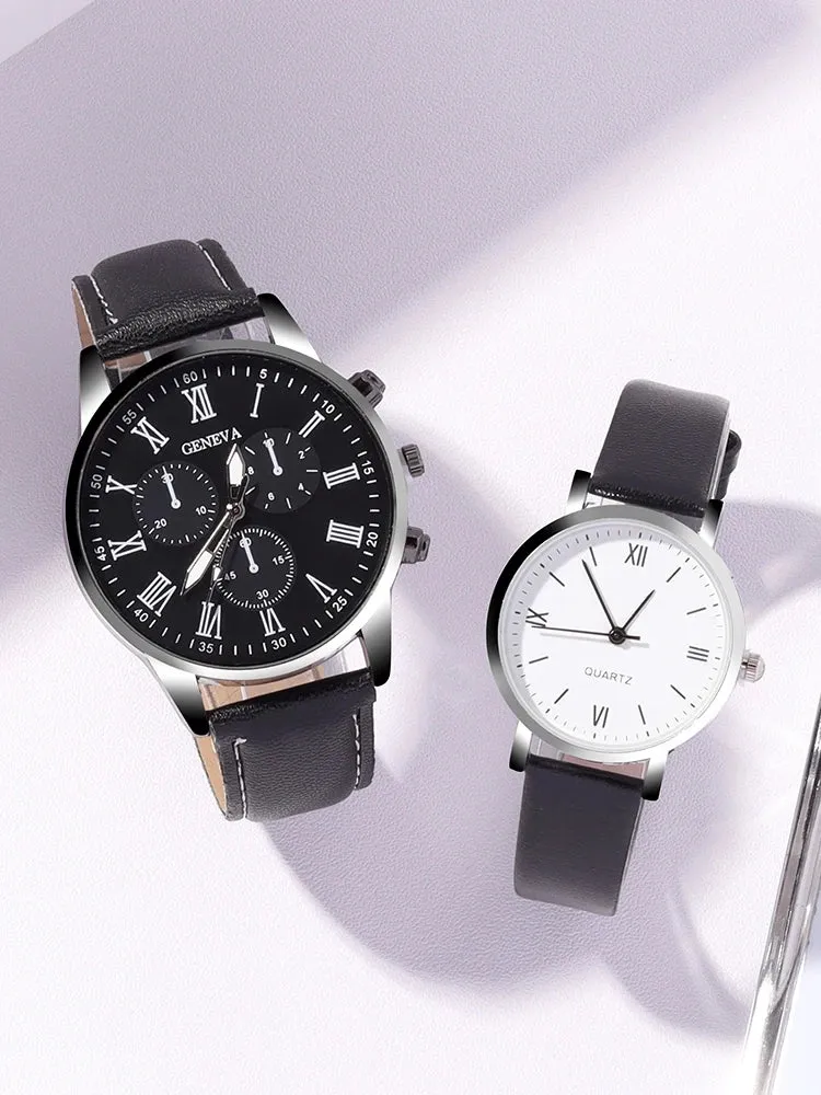 4pcs Personalized Men and Women Couple Belt Quartz Watch Paired Love Pendant Necklace