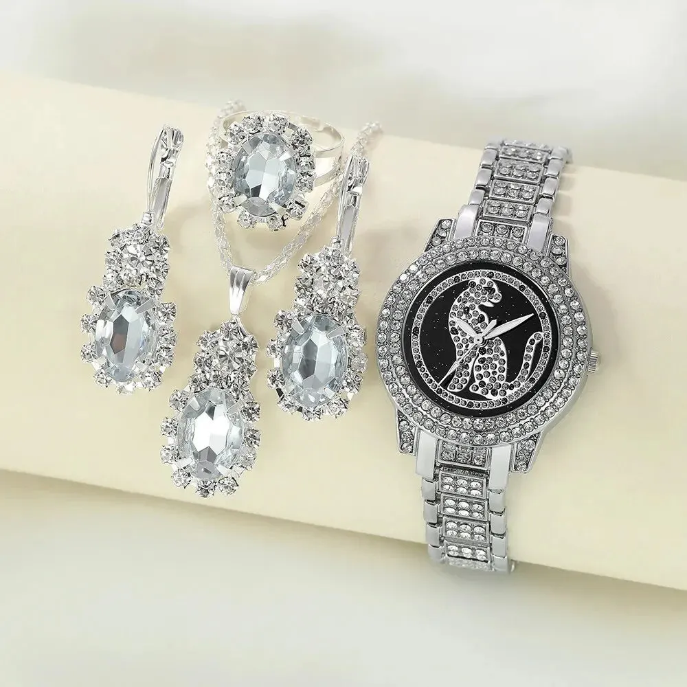 5pcs Fashion Casual Simple Quartz Watch Ring Necklace Earrings Watch Set