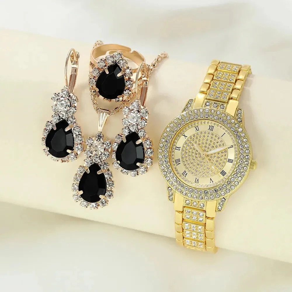 5pcs Fashion Casual Simple Quartz Watch Ring Necklace Earrings Watch Set