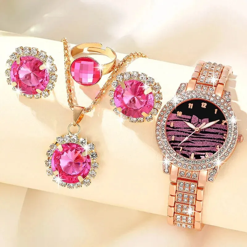 5pcs Fashion Casual Simple Quartz Watch Ring Necklace Earrings Watch Set