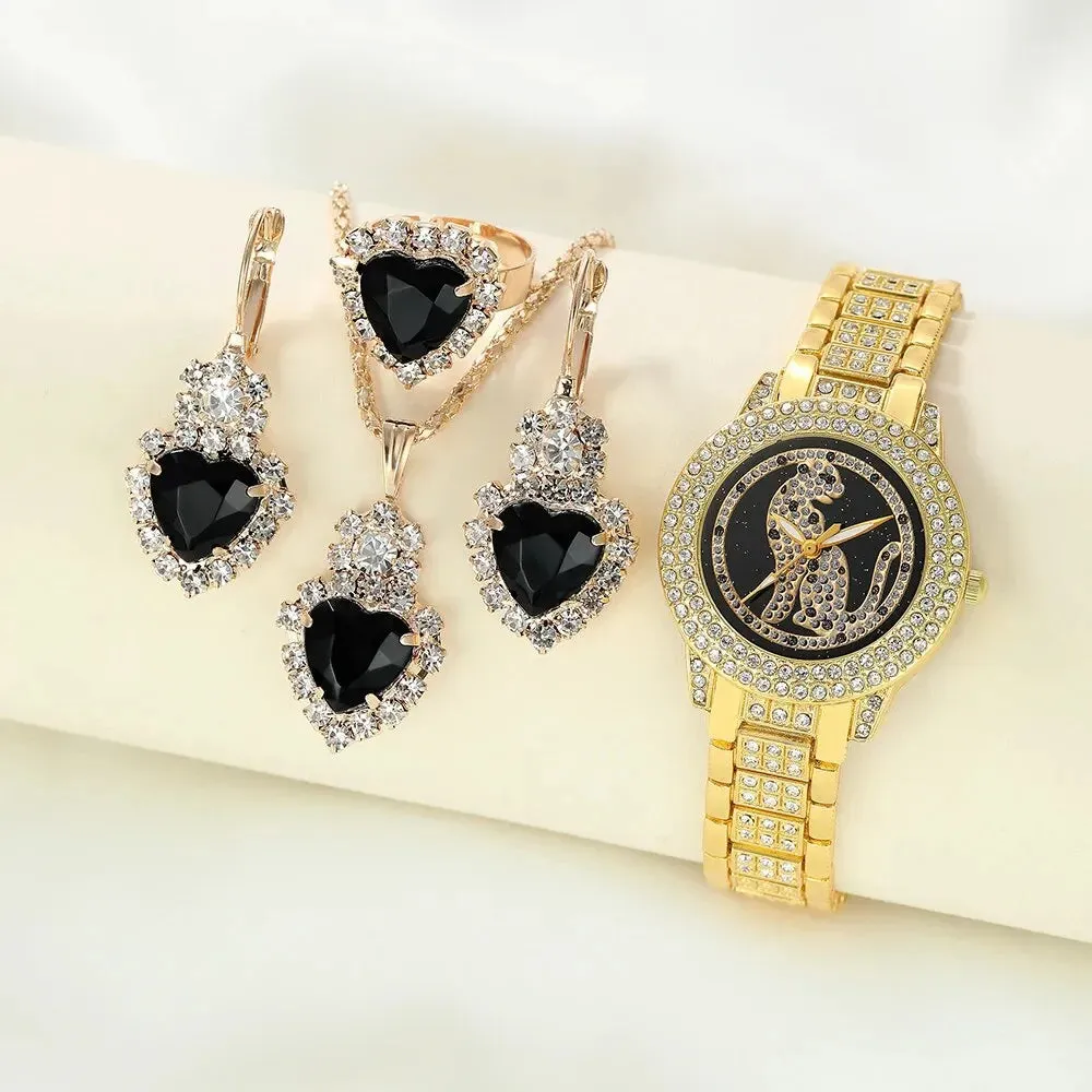 5pcs Fashion Casual Simple Quartz Watch Ring Necklace Earrings Watch Set