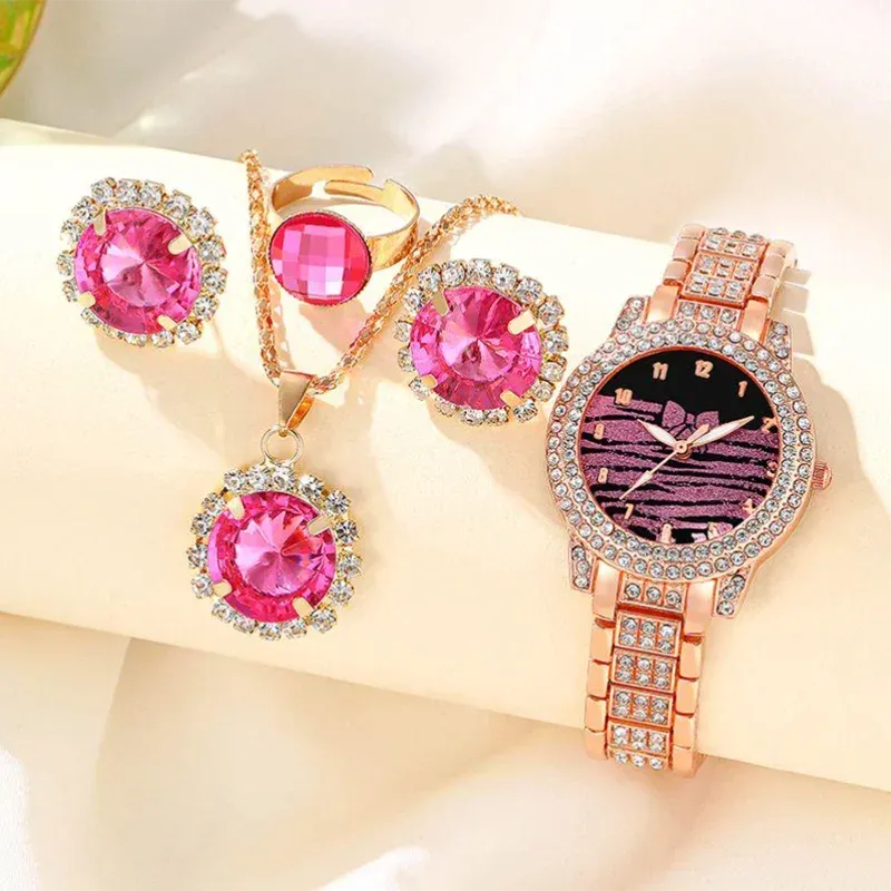 5pcs Fashion Casual Simple Quartz Watch Ring Necklace Earrings Watch Set