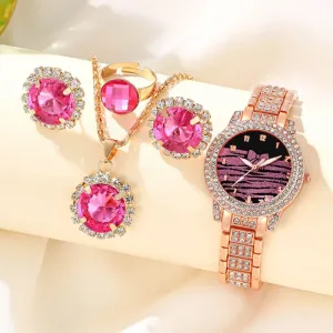 5pcs Fashion Casual Simple Quartz Watch Ring Necklace Earrings Watch Set