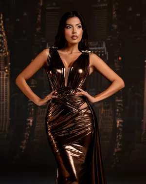 Alessia - Metallic brown dress with gold accents