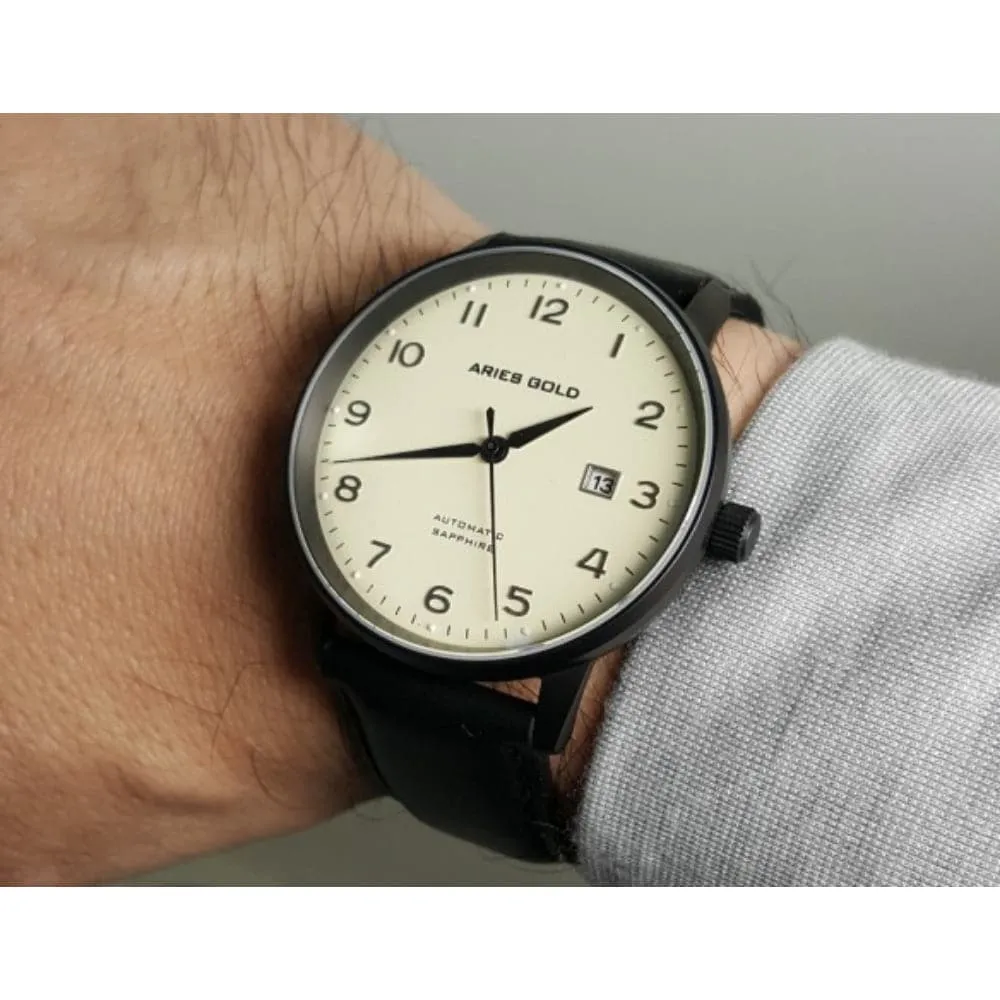 ARIES GOLD AUTOMATIC INFINUM ODYSSEY BLACK STAINLESS STEEL G 9010 BK-BEI LEATHER STRAP MEN'S WATCH