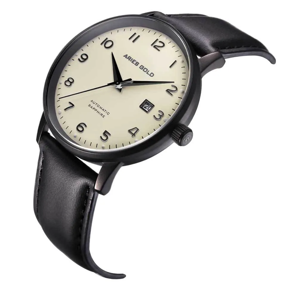 ARIES GOLD AUTOMATIC INFINUM ODYSSEY BLACK STAINLESS STEEL G 9010 BK-BEI LEATHER STRAP MEN'S WATCH