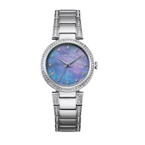 Citizen Watch with 28MM Blue Dial and Crystal Accent Stainless Steel Bracelet. EM0840-59N