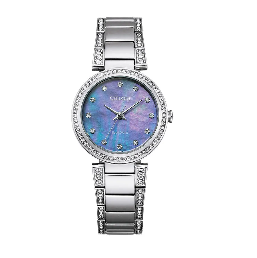 Citizen Watch with 28MM Blue Dial and Crystal Accent Stainless Steel Bracelet. EM0840-59N
