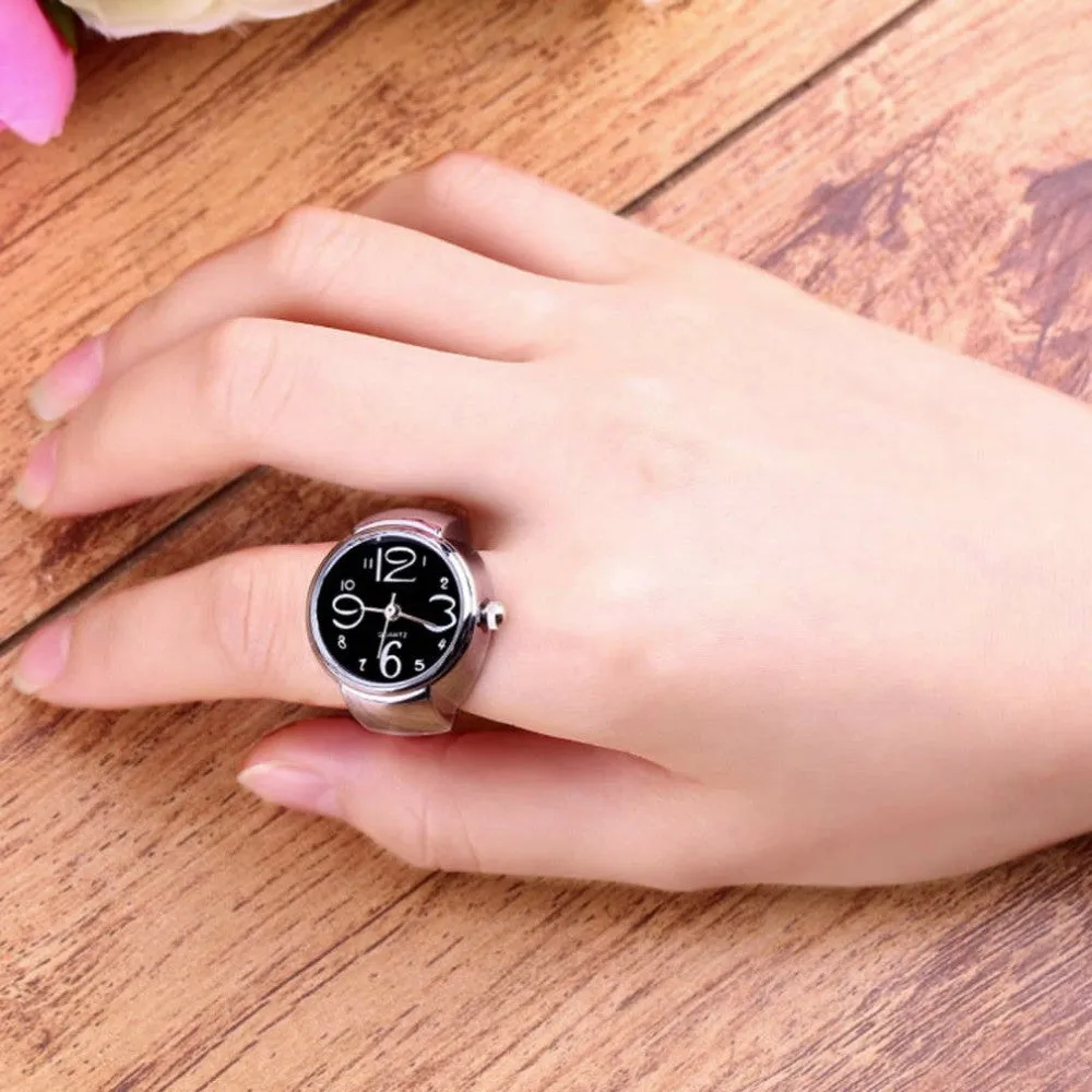 Creative Fashion Lady Girl Steel Round Elastic Quartz Finger Ring watch