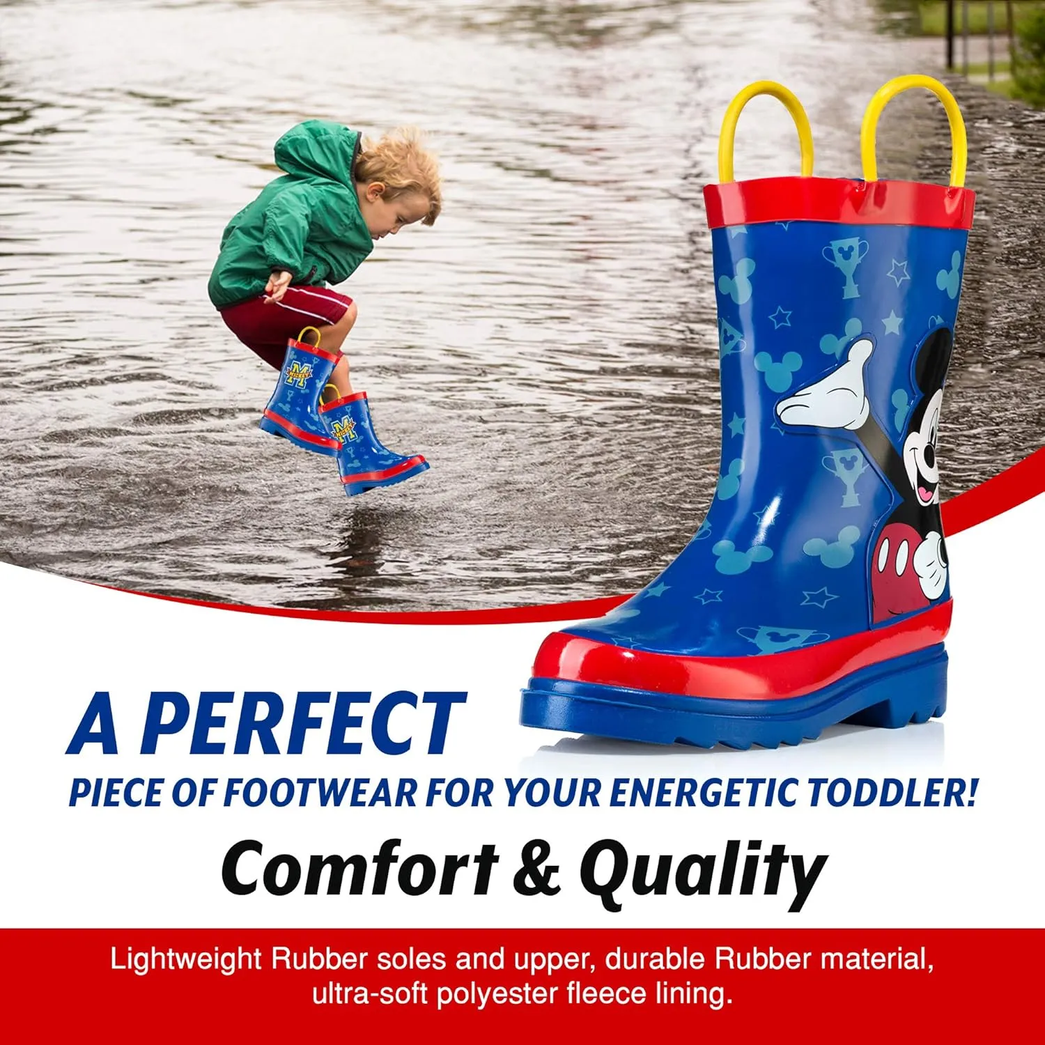 Disney Mickey Mouse Rubber Rainboots - Attached Handles - Toddler and Little Kid
