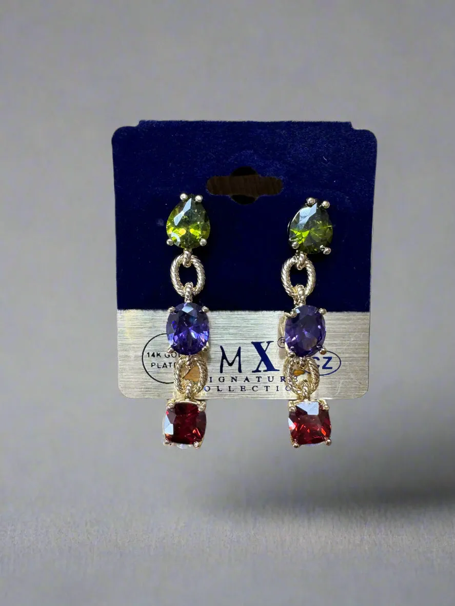 Fossick Three Multi Stone Dangle Gold Earring