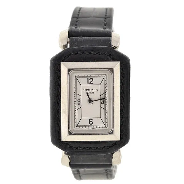HERMES PARIS Estate 18kt Black Leather Quartz Watch