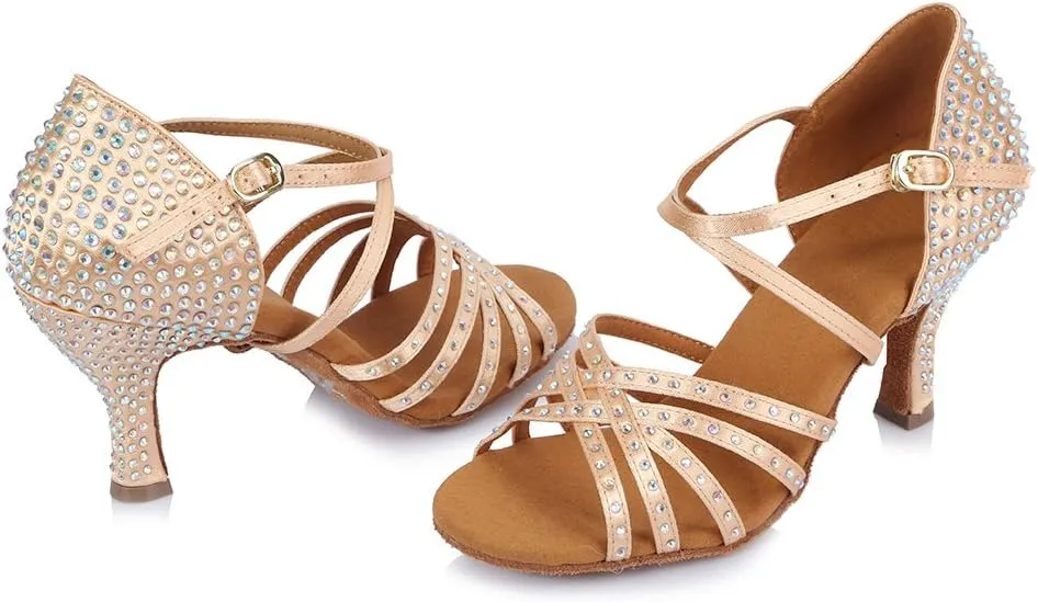 HROYL Women Latin Dance Sandals Rhinestone Salsa Performence Practice Ballroom Professional Dance Shoes,CT404