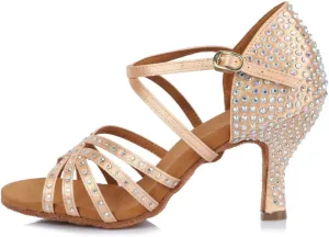 HROYL Women Latin Dance Sandals Rhinestone Salsa Performence Practice Ballroom Professional Dance Shoes,CT404