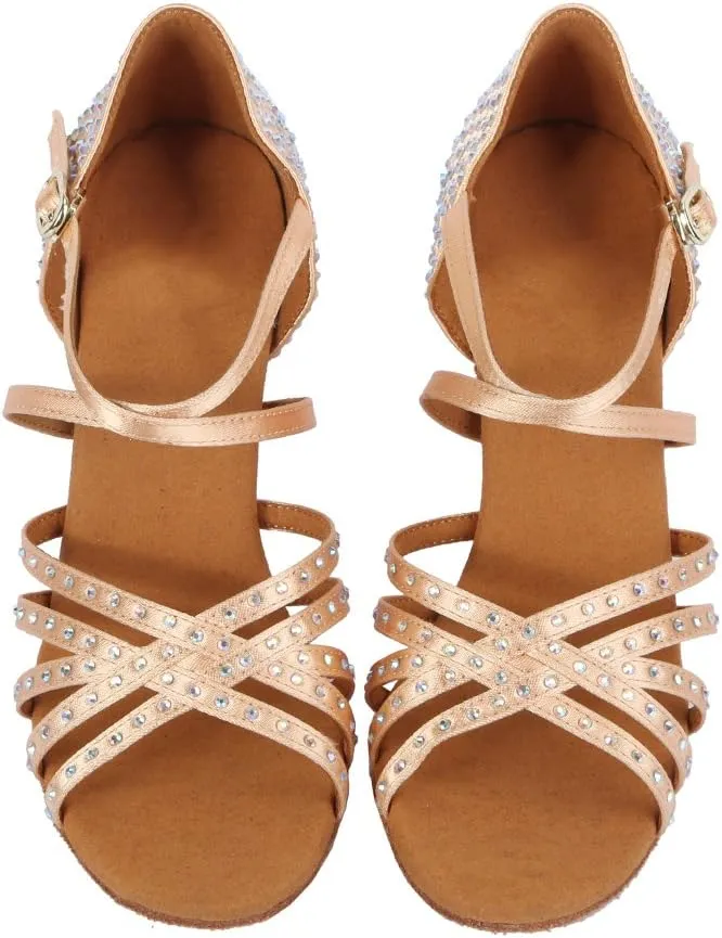 HROYL Women Latin Dance Sandals Rhinestone Salsa Performence Practice Ballroom Professional Dance Shoes,CT404