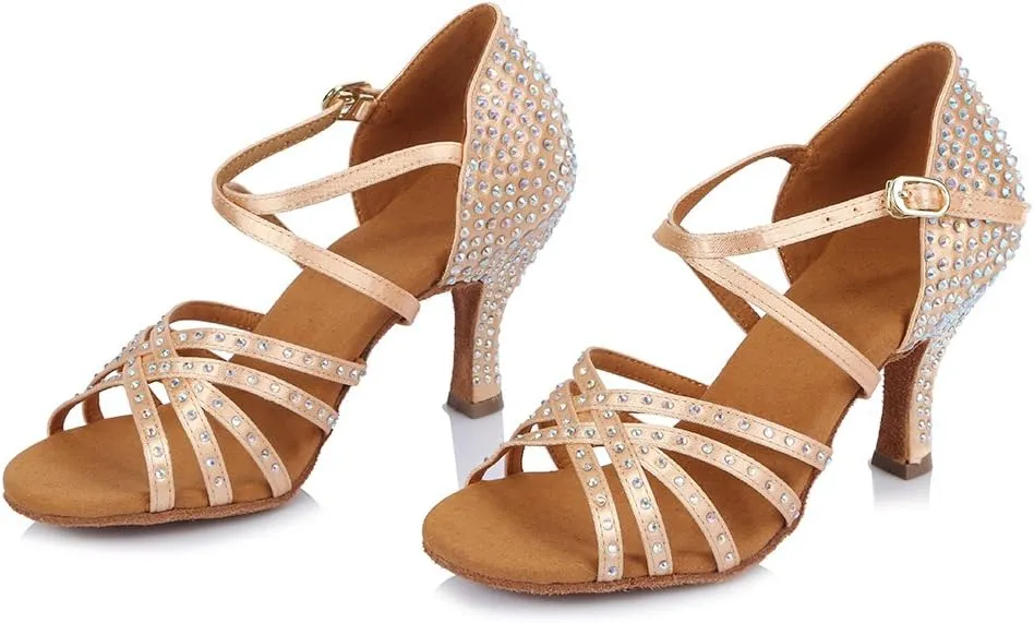 HROYL Women Latin Dance Sandals Rhinestone Salsa Performence Practice Ballroom Professional Dance Shoes,CT404
