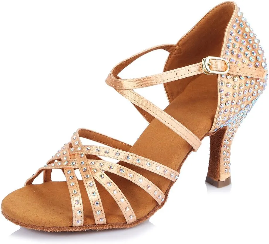HROYL Women Latin Dance Sandals Rhinestone Salsa Performence Practice Ballroom Professional Dance Shoes,CT404