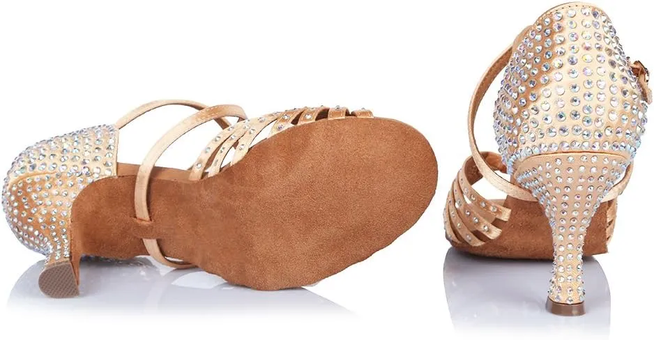 HROYL Women Latin Dance Shoes with Knot Rhinestones Salsa Bachata Cha Cha Ballroom Performence Dancing Shoes AF459