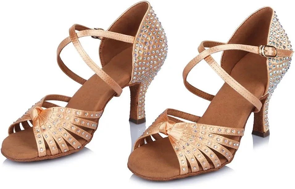 HROYL Women Latin Dance Shoes with Knot Rhinestones Salsa Bachata Cha Cha Ballroom Performence Dancing Shoes AF459