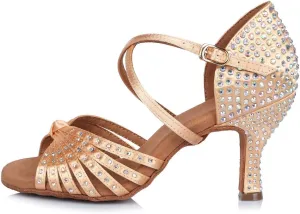HROYL Women Latin Dance Shoes with Knot Rhinestones Salsa Bachata Cha Cha Ballroom Performence Dancing Shoes AF459