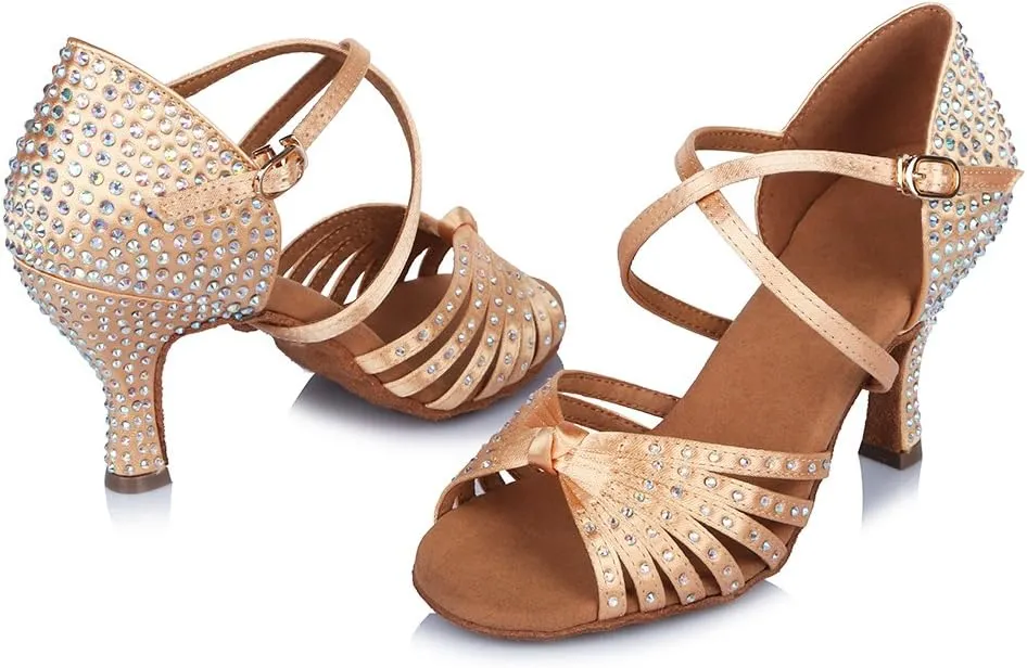 HROYL Women Latin Dance Shoes with Knot Rhinestones Salsa Bachata Cha Cha Ballroom Performence Dancing Shoes AF459