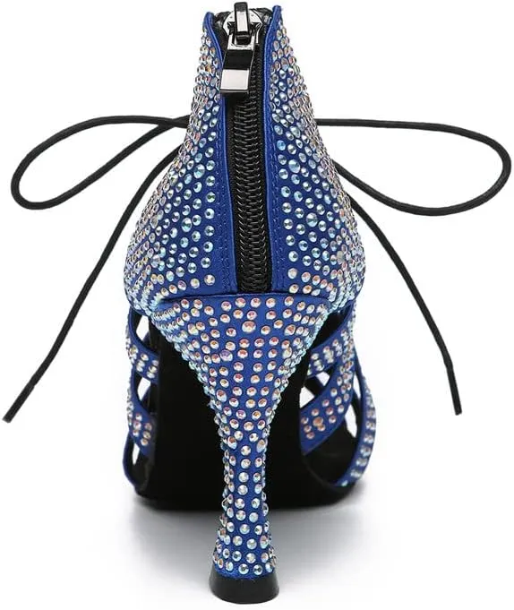 JUODVMP Women Latin Dance Shoes Rhinestone Peep-Toe Ballroom Salsa Bachata Dancing Practice Performance Wedding Party YCL486