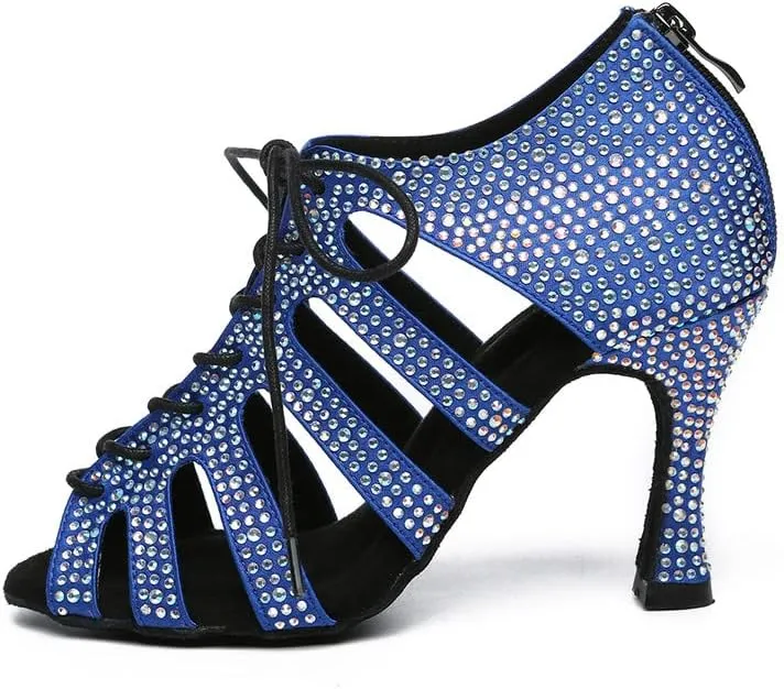 JUODVMP Women Latin Dance Shoes Rhinestone Peep-Toe Ballroom Salsa Bachata Dancing Practice Performance Wedding Party YCL486