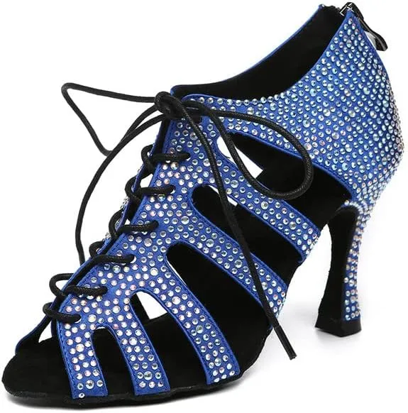 JUODVMP Women Latin Dance Shoes Rhinestone Peep-Toe Ballroom Salsa Bachata Dancing Practice Performance Wedding Party YCL486