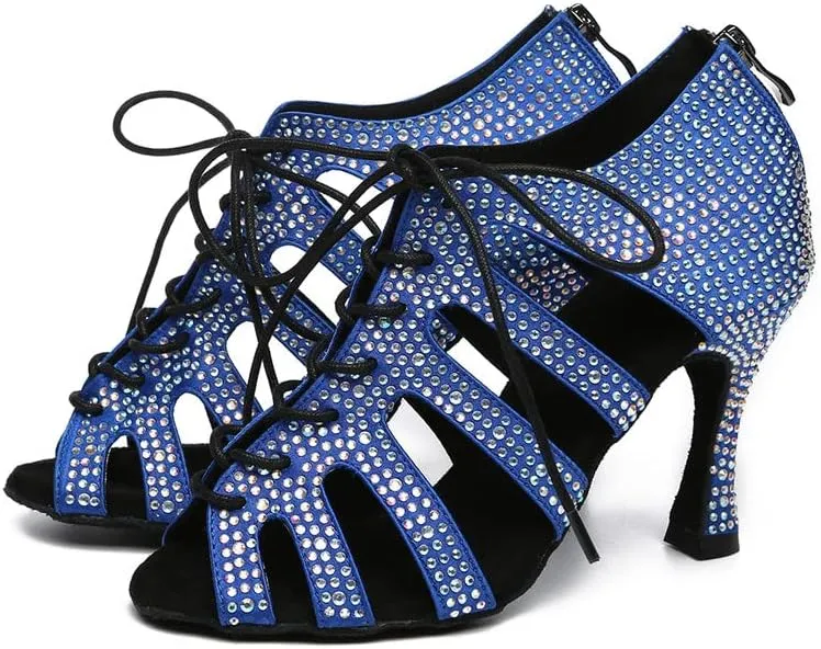 JUODVMP Women Latin Dance Shoes Rhinestone Peep-Toe Ballroom Salsa Bachata Dancing Practice Performance Wedding Party YCL486