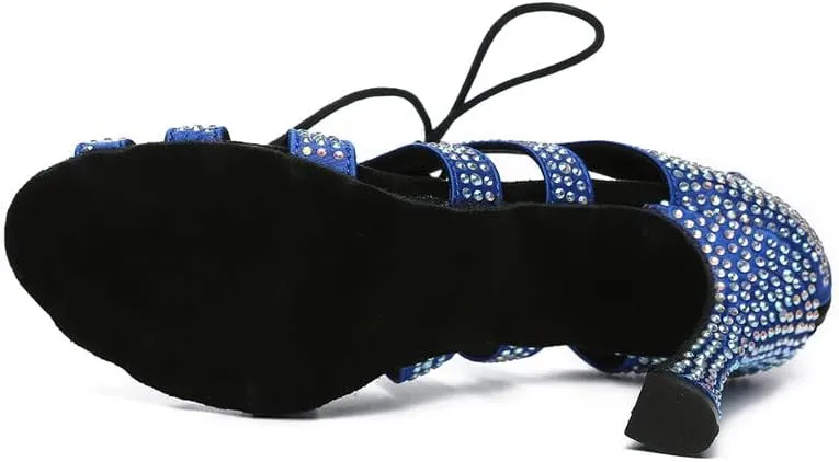 JUODVMP Women Latin Dance Shoes Rhinestone Peep-Toe Ballroom Salsa Bachata Dancing Practice Performance Wedding Party YCL486