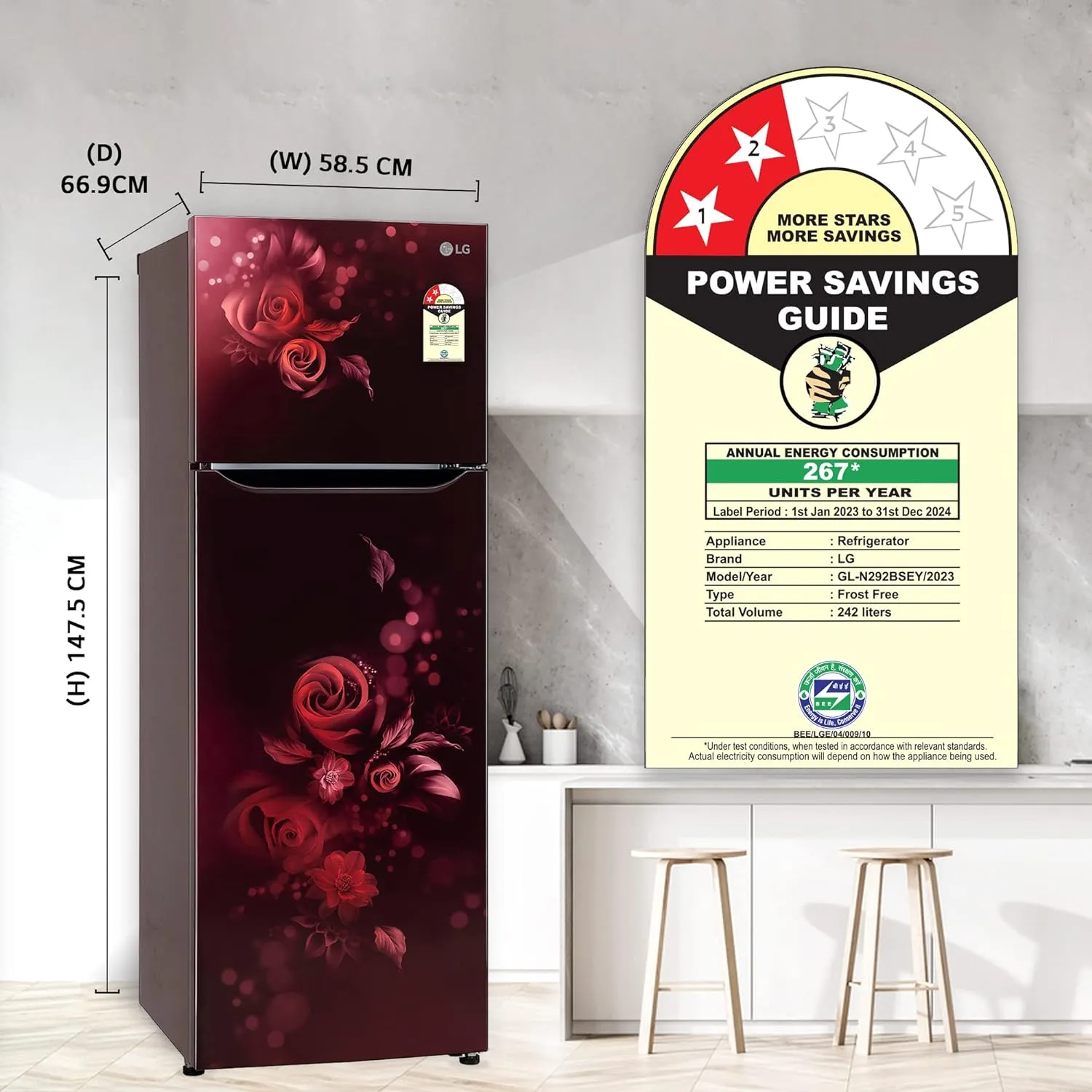 LG GL-N292BSEY 242 L 2 Star Smart Inverter Frost-Free Double Door Refrigerator Appliance (Scarlet Euphoria, Smart Connect)