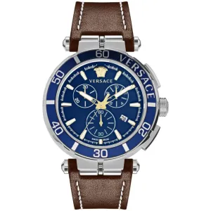 Men's Chronograph Watch with Blue Dial and Brown Leather Band