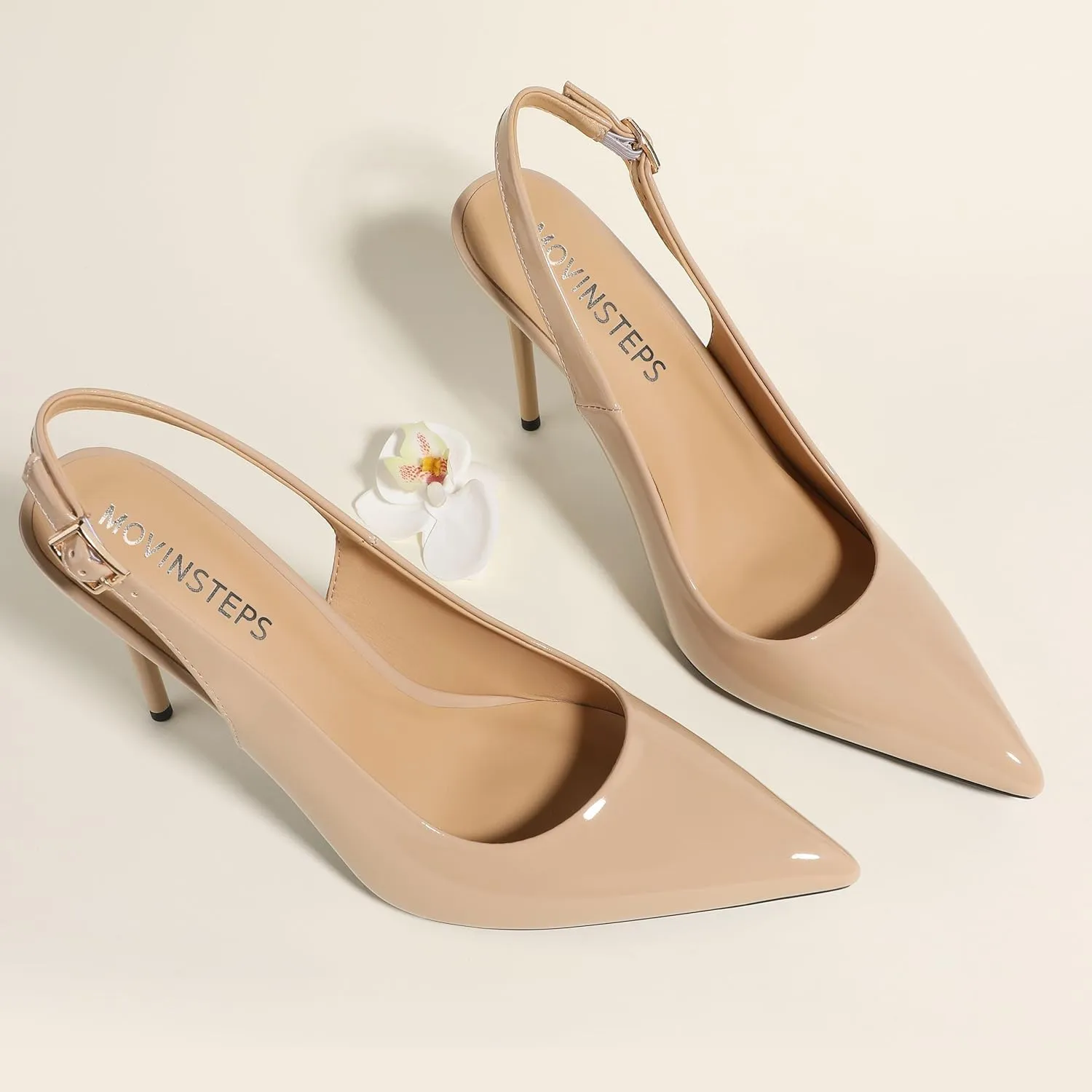 MOVINSTEPS Slingback Heels for Women Pumps Pointed Closed Toe Buckle Sexy Stiletto High Heels Prom Office Work Wedding Fashion Elegant Dressy Shoes 4 Inch