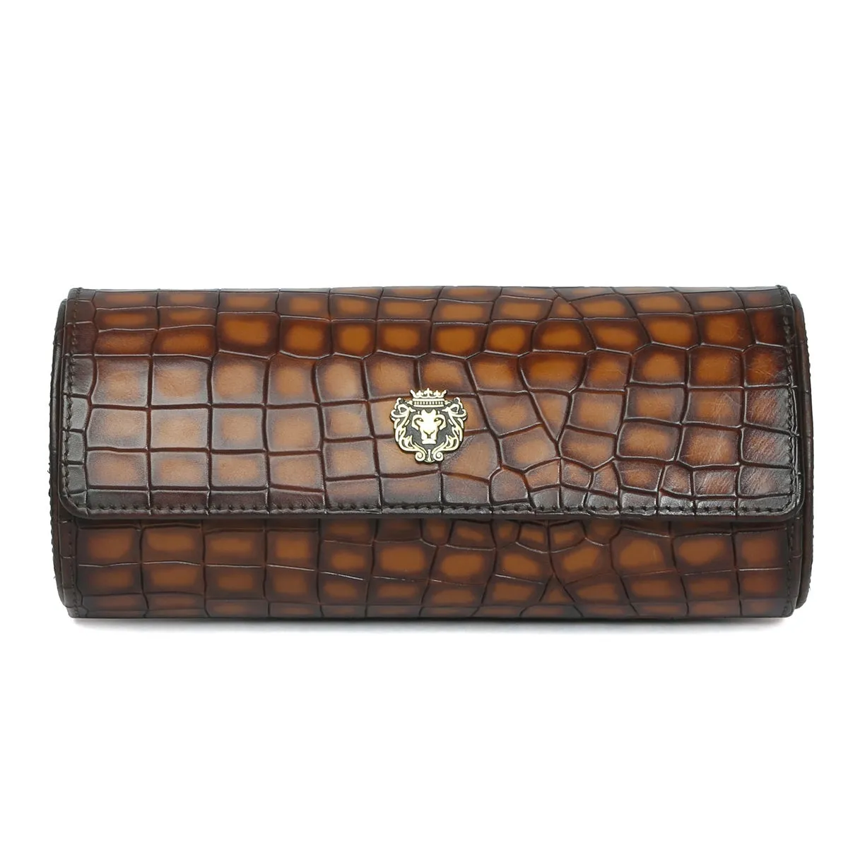 Mustard Smokey Finish Deep Cut Croco Leather Wrist Watch Roll by Brune & Bareskin